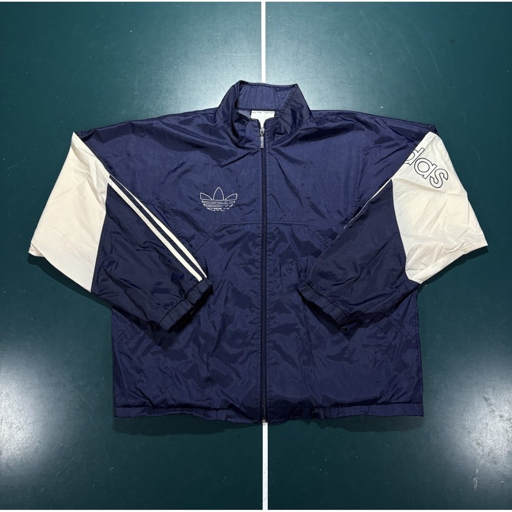 Vintage 80s Adidas Windbreaker Track Jacket Men Large Trefoil Striped Navy White